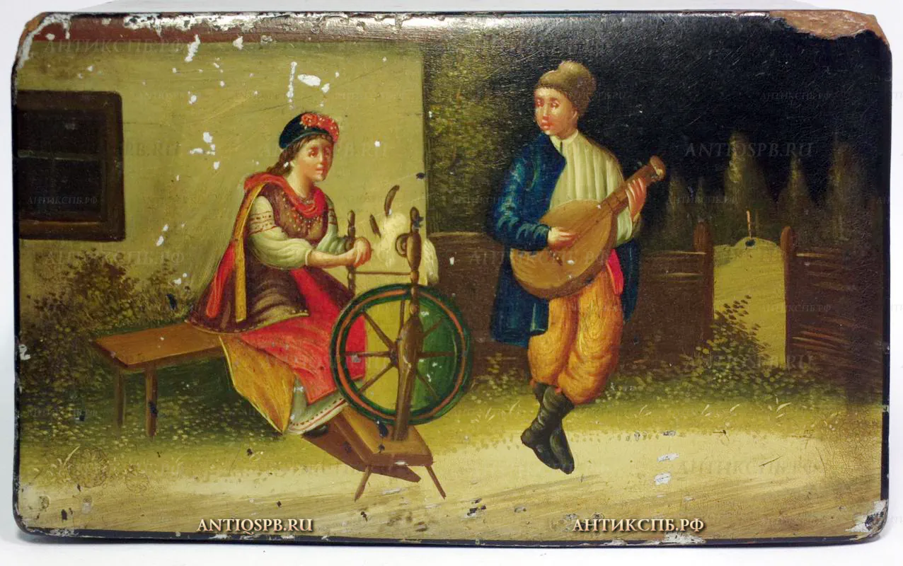 Шкатулка папье-маше, лаковая миниатюра "Пряха". Кон. ХIХ века. Россия. №18443